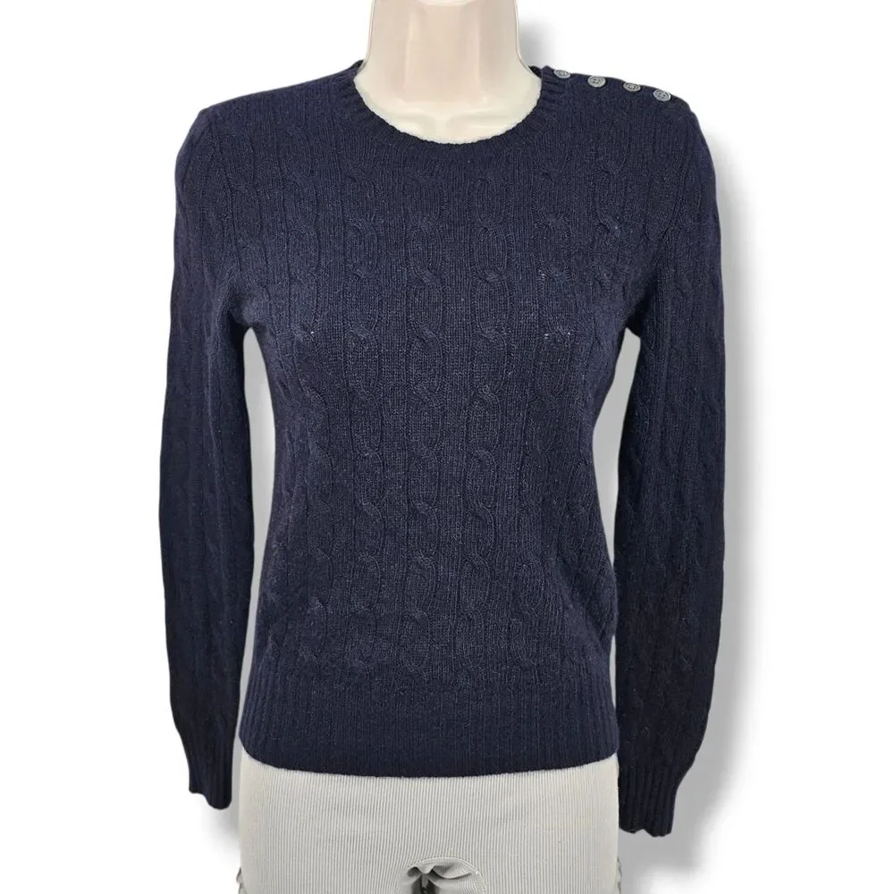 Vintage Y2K RL Rugby Navy Blue Cable Knit Shoulder Button Sweater XS Preppy